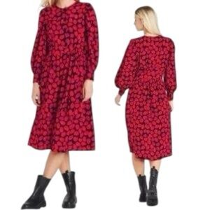 Women's Large Relaxed Fit Red Black Puff Sleeve Work Casual Trendy Midi Dress